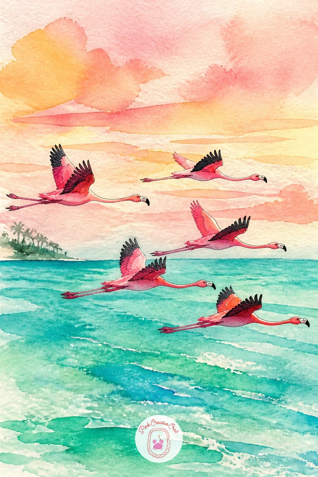 Flamingos Flying Over The Sea — Flying flamingos change everything about the pose, since the neck stretches forward in a straight line and the legs trail long