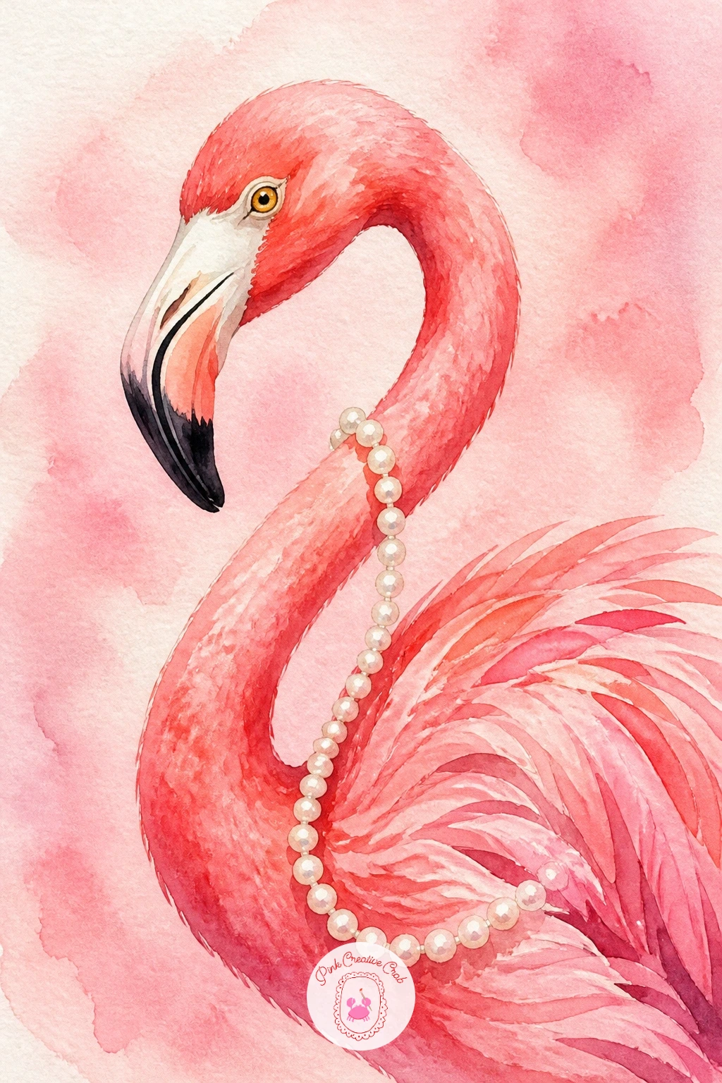 Flamingo With Pearls — Dress your flamingo up with a strand of pearls looping around its long neck, a small touch that turns a simple bird study into something