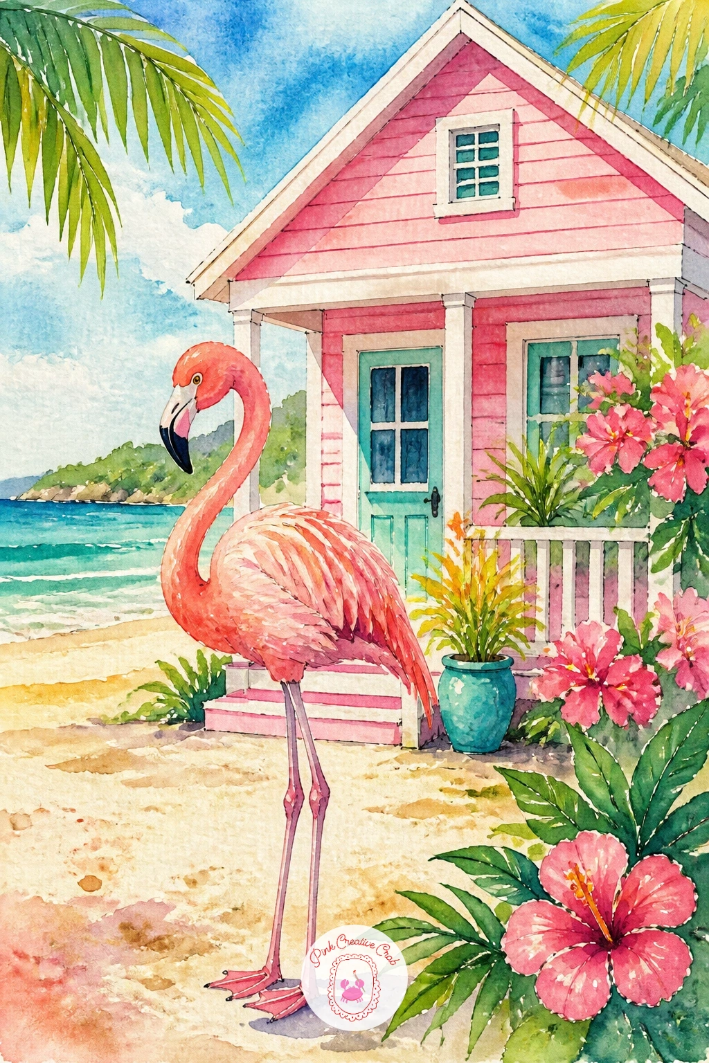 Flamingo By A Pink Beach House — Give your flamingo a home for this one, a small pink beach house tucked behind it with white trim and a porch, bringing a