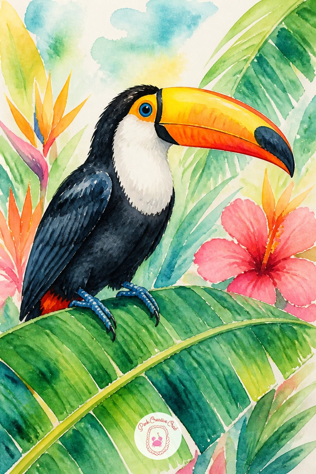 Toucan On A Banana Leaf — Move into the jungle now with a toucan perched on a large banana leaf, a bird whose giant beak is really just two curved triangles