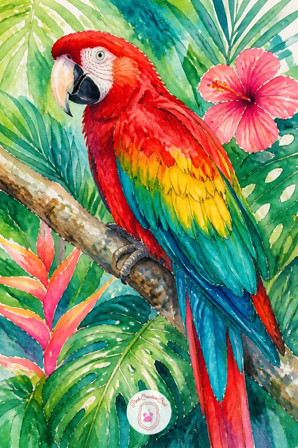Scarlet Macaw In A Jungle — A scarlet macaw earns its name, so load your brush with pure saturated red for the body and don't be shy about it. Flamingo