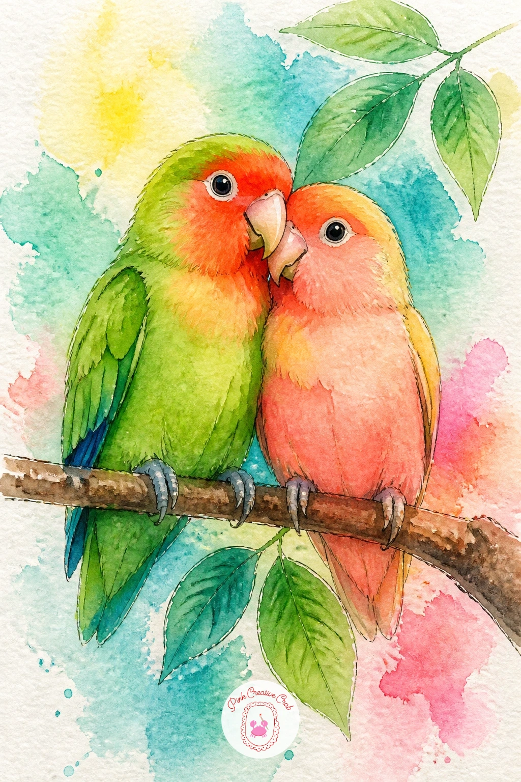 Pair Of Lovebirds On A Branch — Lovebirds painted side by side on one branch make a natural bridge after the cockatoo's crest work, since here the challenge is