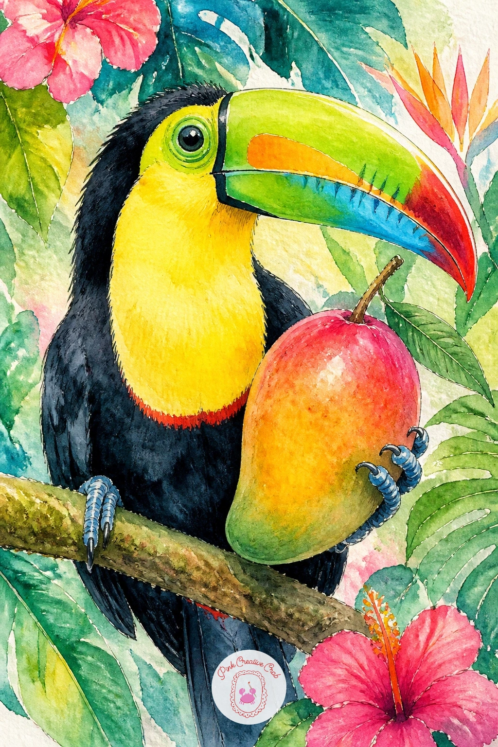 Keel-Billed Toucan With A Mango — This toucan's rainbow beak deserves its own close study, so this time work slowly, in roughly forty minutes rather than a