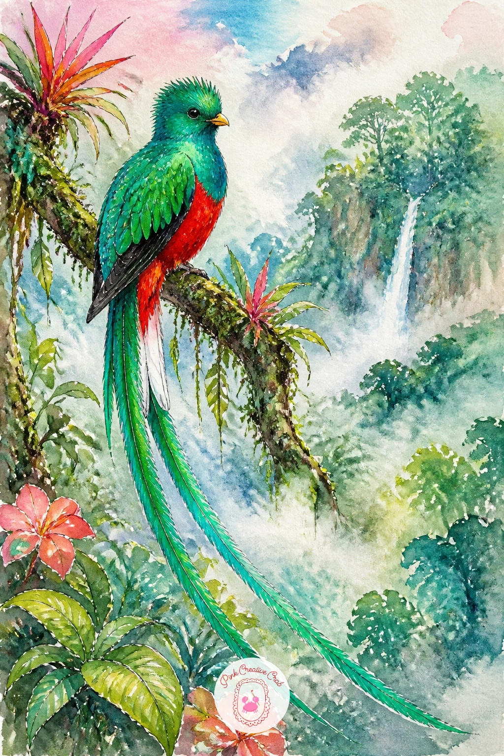 Quetzal In A Cloud Forest — The quetzal's iridescent green tail trails far longer than its body, so plan your paper with plenty of space below the bird before