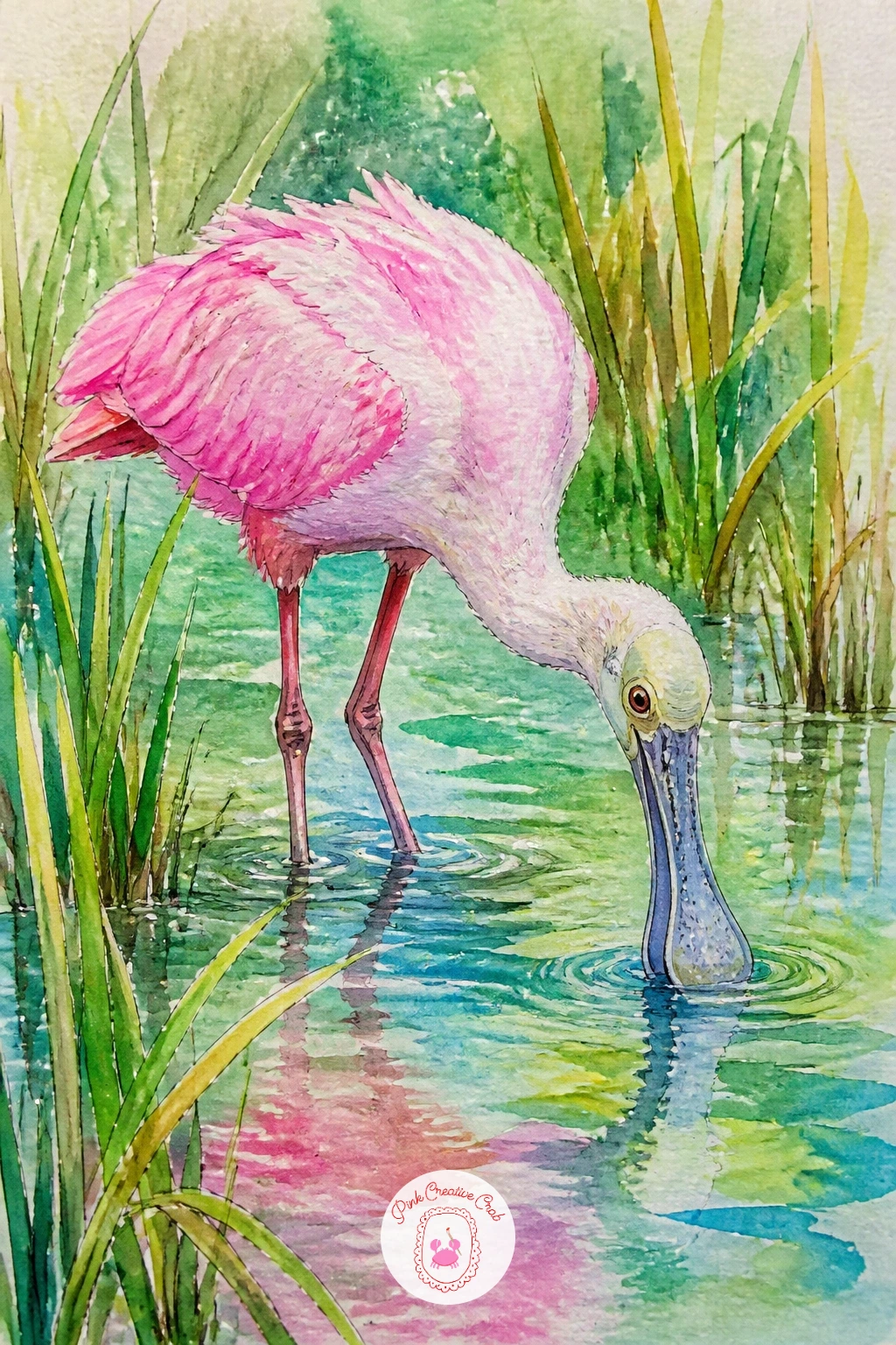 Pink Spoonbill In A Marsh — A pink spoonbill brings the flamingo family back into view with a different silhouette, its flat spoon-shaped beak swinging side to