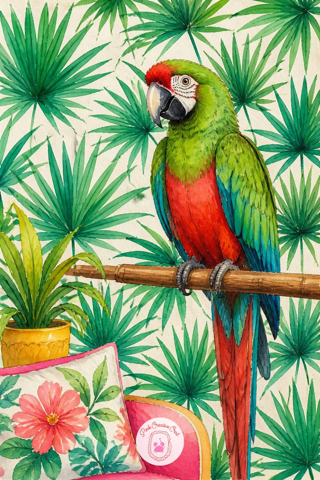 Parrot In A Palm Print Room — Bring a parrot indoors this time, perched in a room wallpapered with a bold palm print, which means painting a repeating pattern