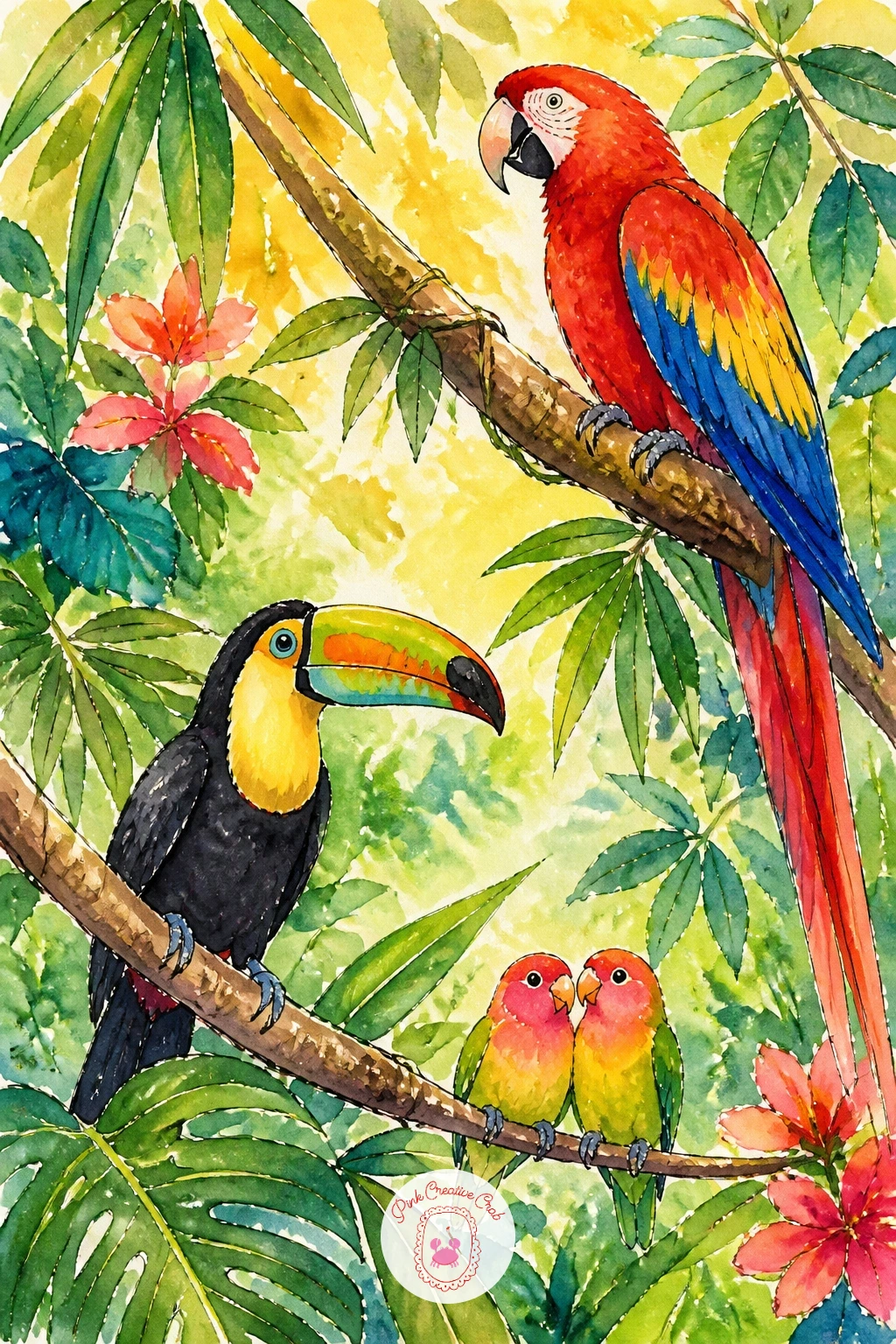 Jungle Canopy Full Of Birds — Pull several birds from this list together into one jungle canopy scene, layering a macaw, a toucan and a small lovebird or two