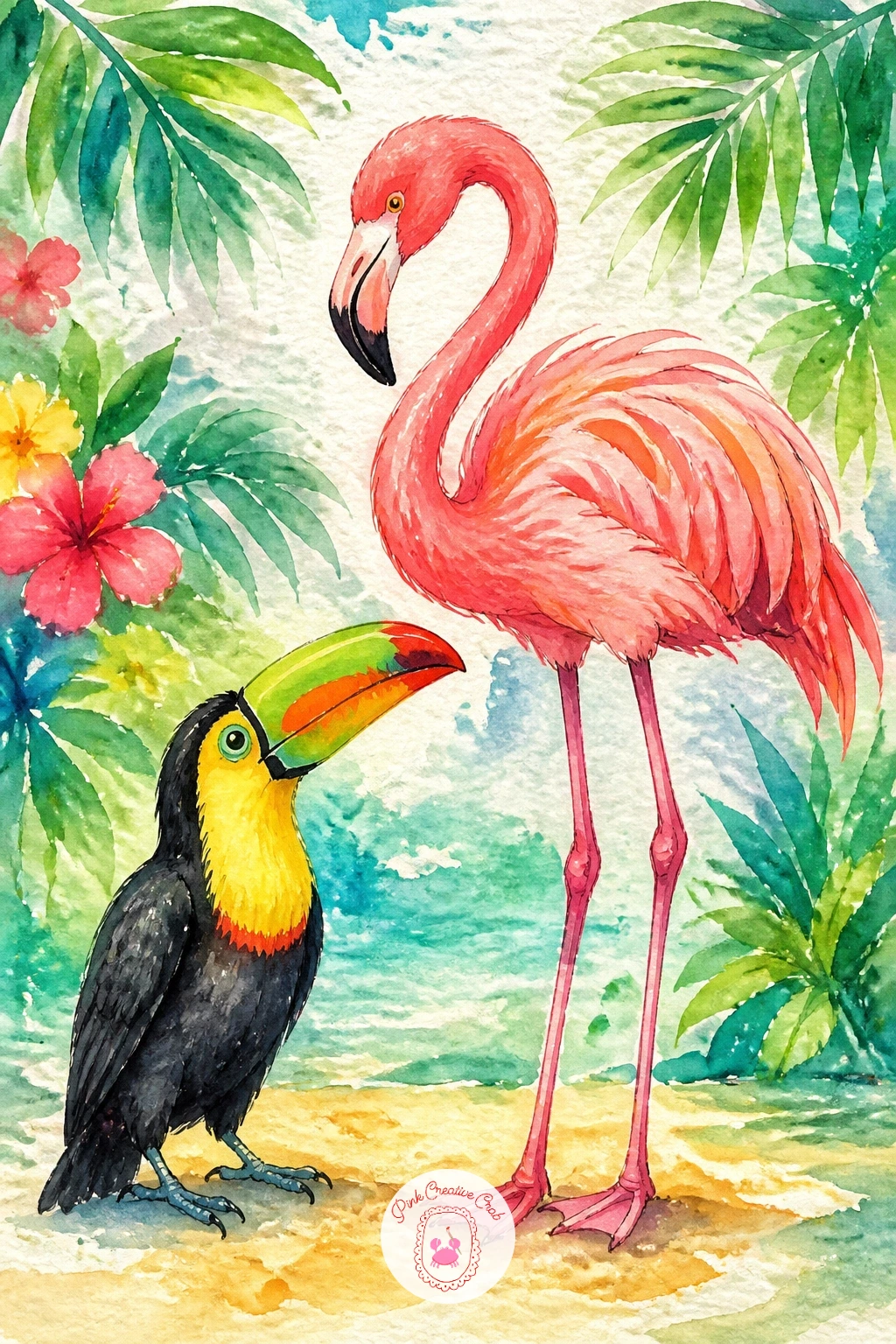 Toucan And Flamingo Friends — Bring the two stars of this list together, a toucan and a flamingo standing side by side as an unlikely but charming pair.
