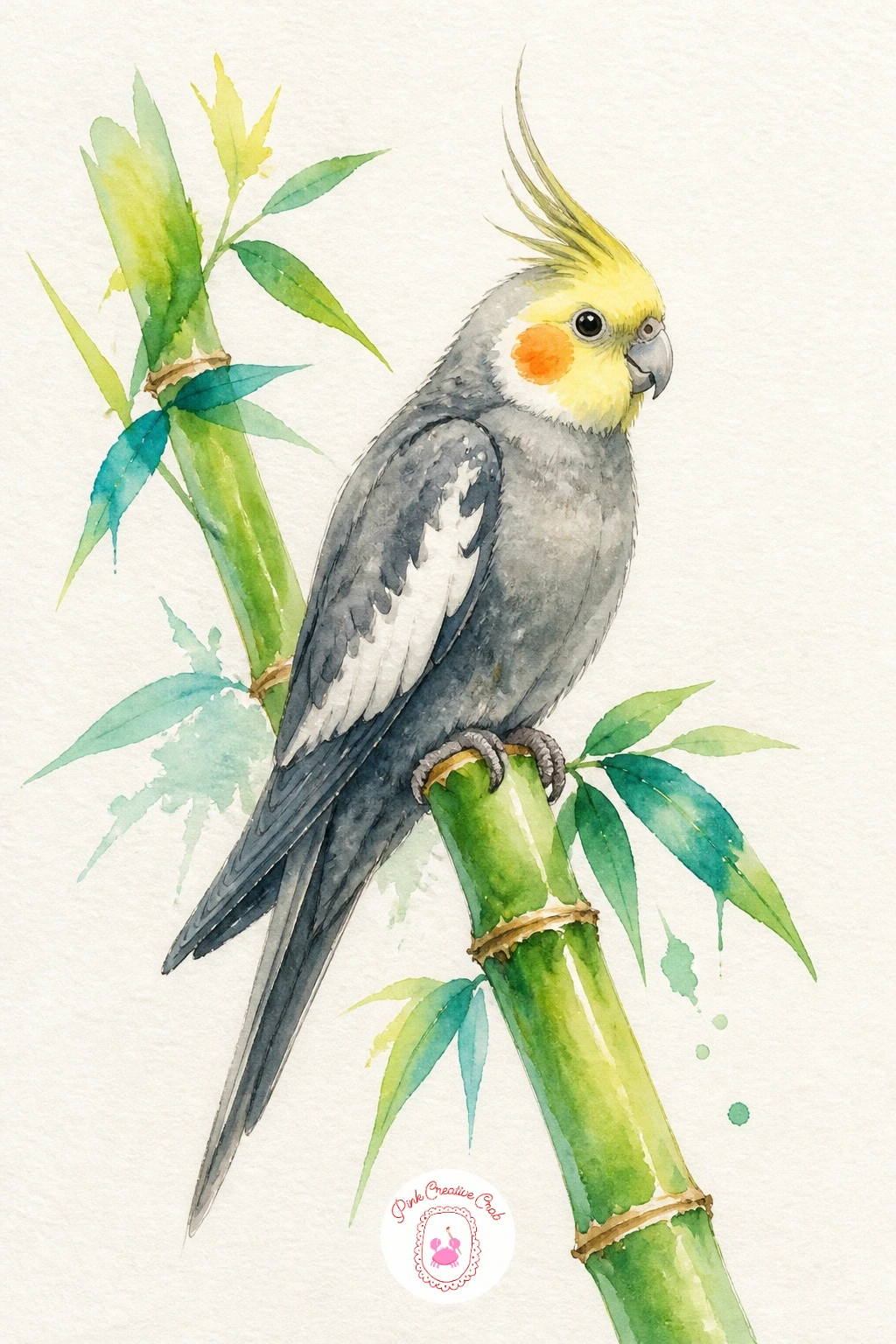 Cockatiel On A Bamboo Perch — Scale things down with a small, gentle cockatiel, a quieter bird after the bold macaw, perched on a simple length of bamboo.