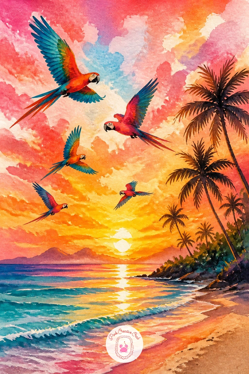 Sunset Beach With Flying Parrots — Close the list with a wide sunset beach scene, several parrots flying across a glowing sky, which pulls together every trick
