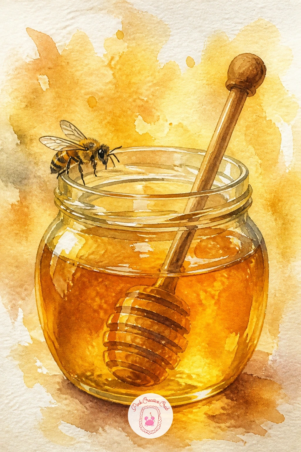 Honey Jar With a Dipper — Move from flower to kitchen table with a honey jar with a dipper and a bee perched on the rim. Bee watercolor