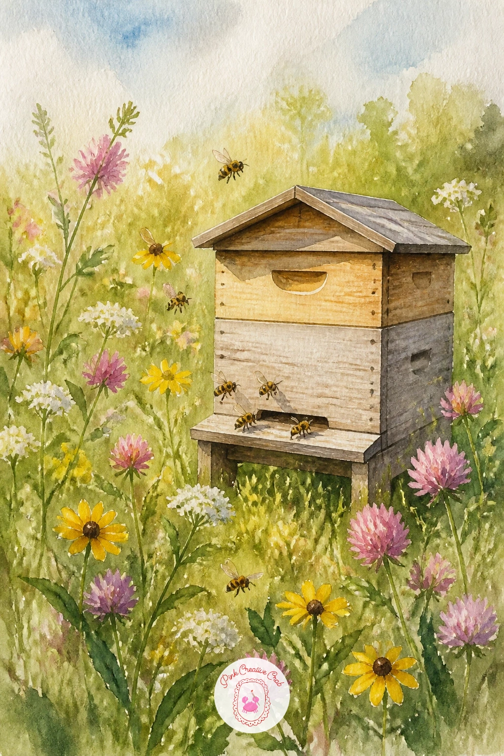 Beehive in a Wildflower Meadow — Widen the scene with a beehive in a wildflower meadow, a nice chance to practice painting a small structure sitting inside a