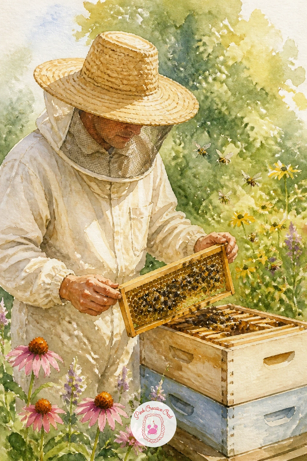 Beekeeper in a Straw Hat — Bring a person into the garden with a beekeeper in a straw hat, tending the hive from the last idea. Bee watercolor