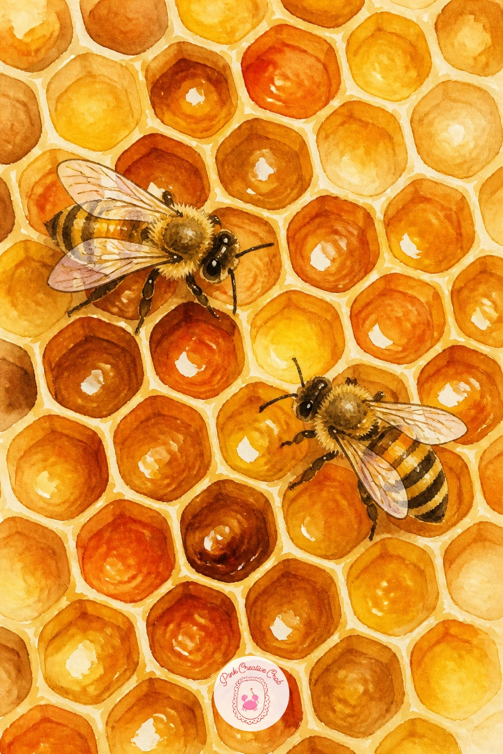 Honeycomb With Bees at Work — Zoom right in for a honeycomb with bees at work, a satisfying subject once you get the hexagon trick. Bee watercolor