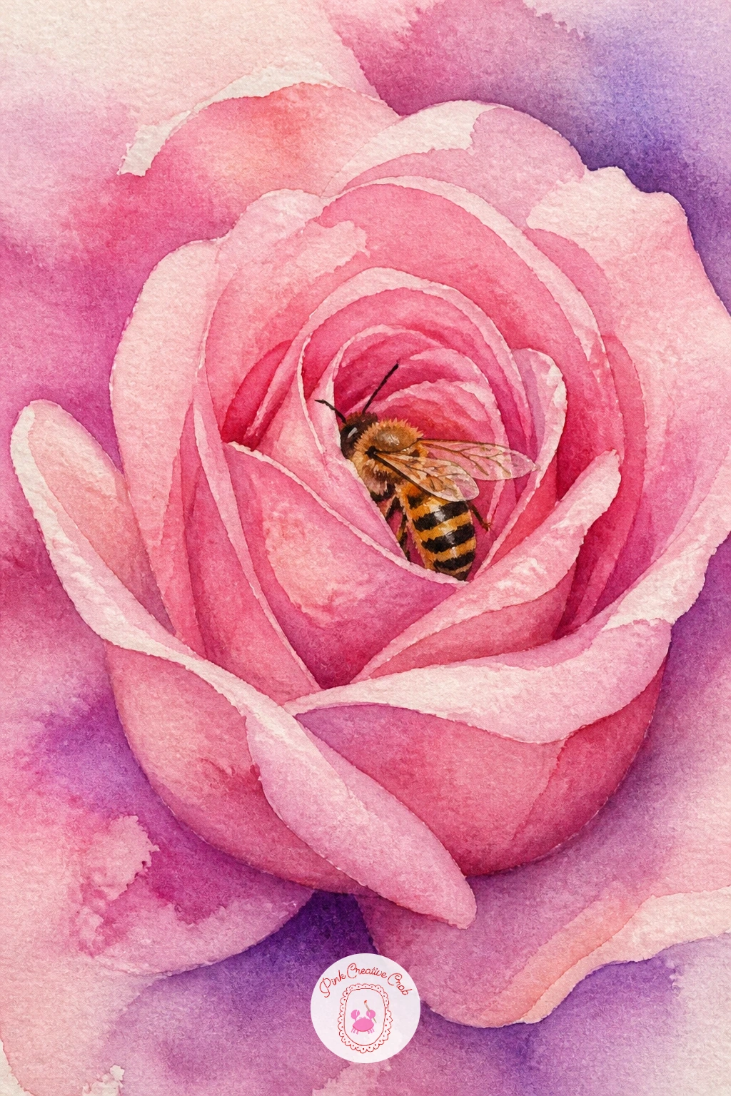 Bee Inside a Pink Rose — Settle a bee inside a pink rose next, tucking it among the petals rather than out in the open air. Bee watercolor