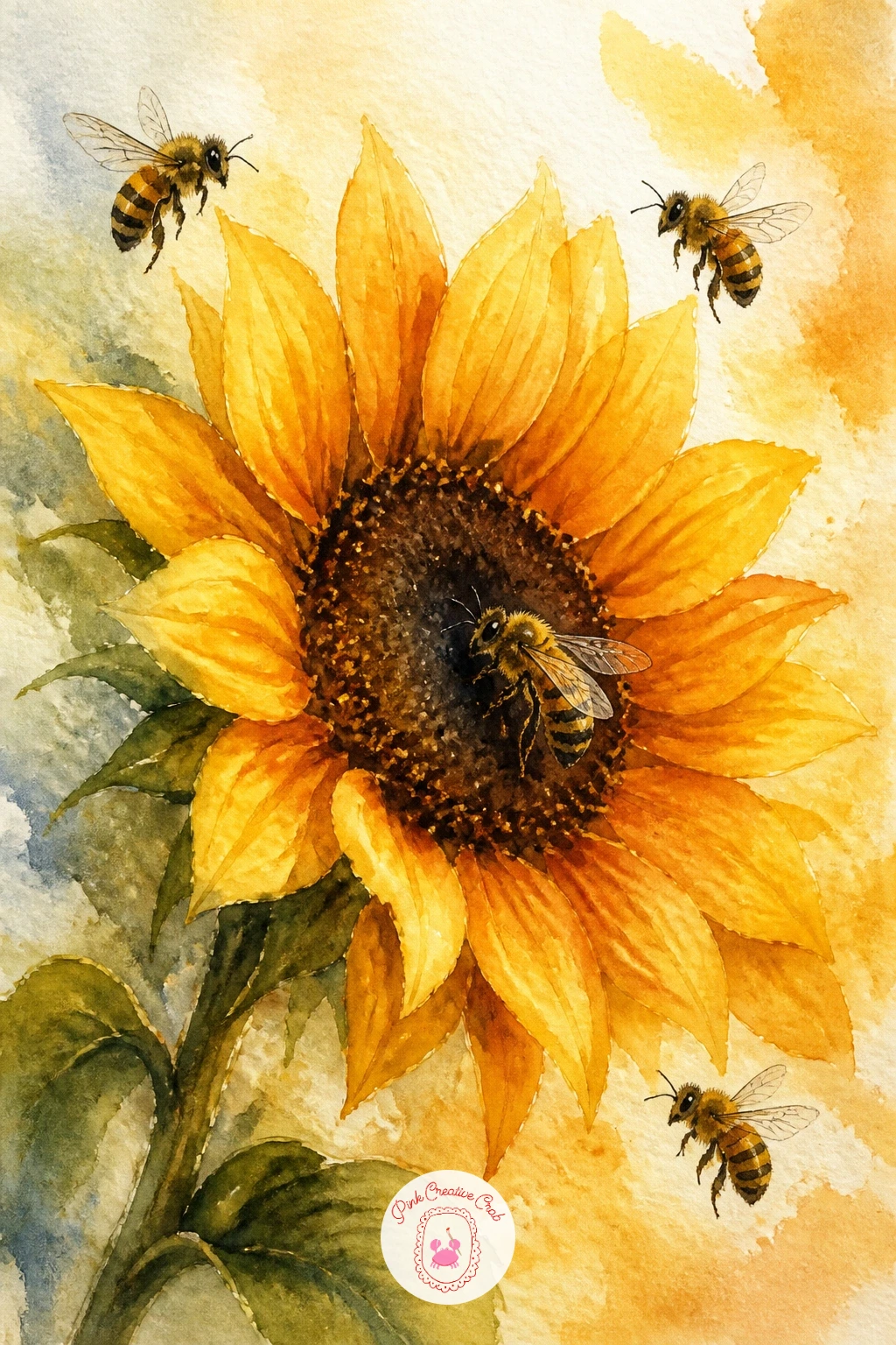 Bees Around a Sunflower — Scale up with bees around a sunflower, a bold, friendly subject that fills a page fast. Bee watercolor