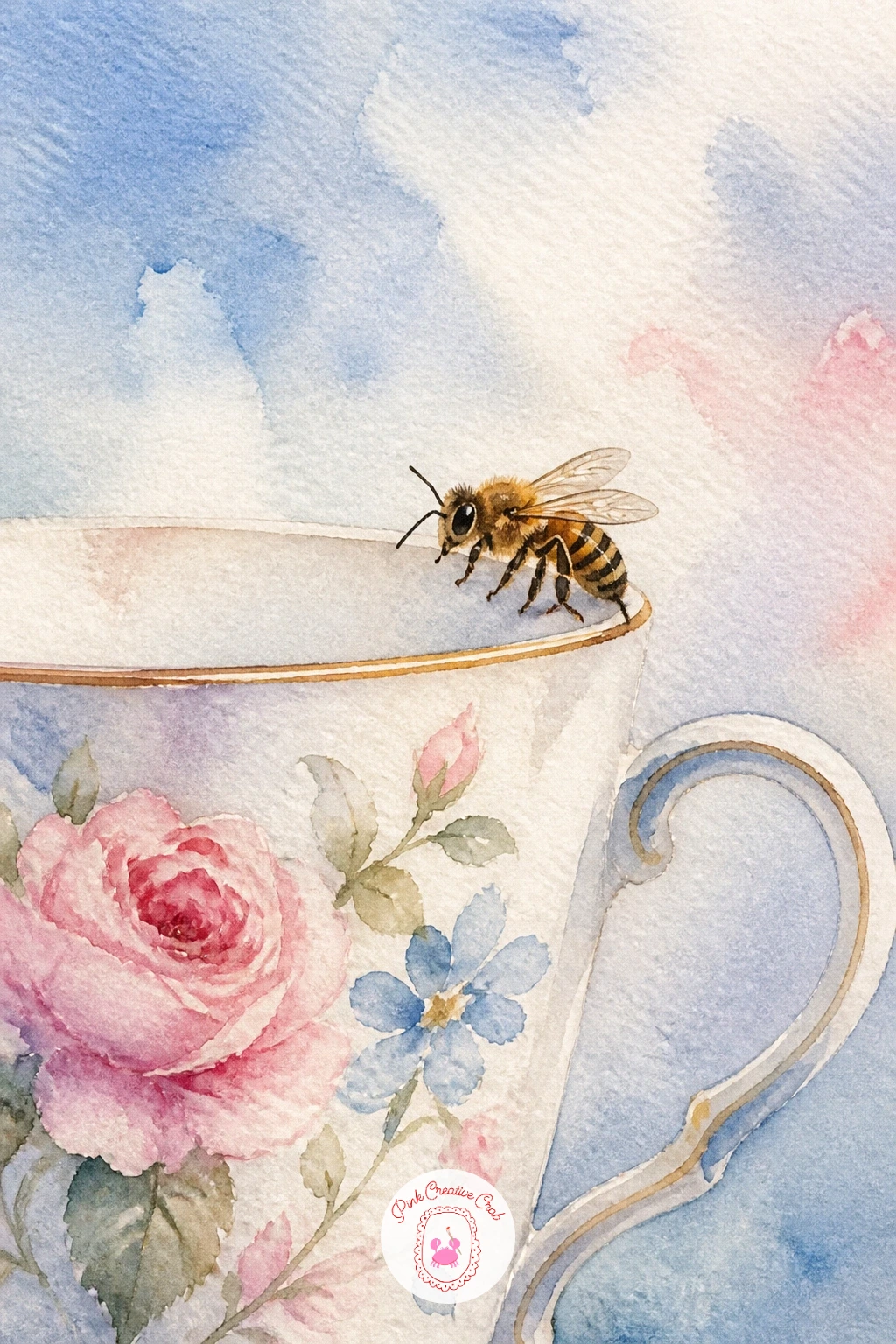 Bee on a Teacup Rim — Bring the garden indoors with a bee on a teacup rim, a sweet little still life for anyone who loves cottagecore details. Bee watercolor
