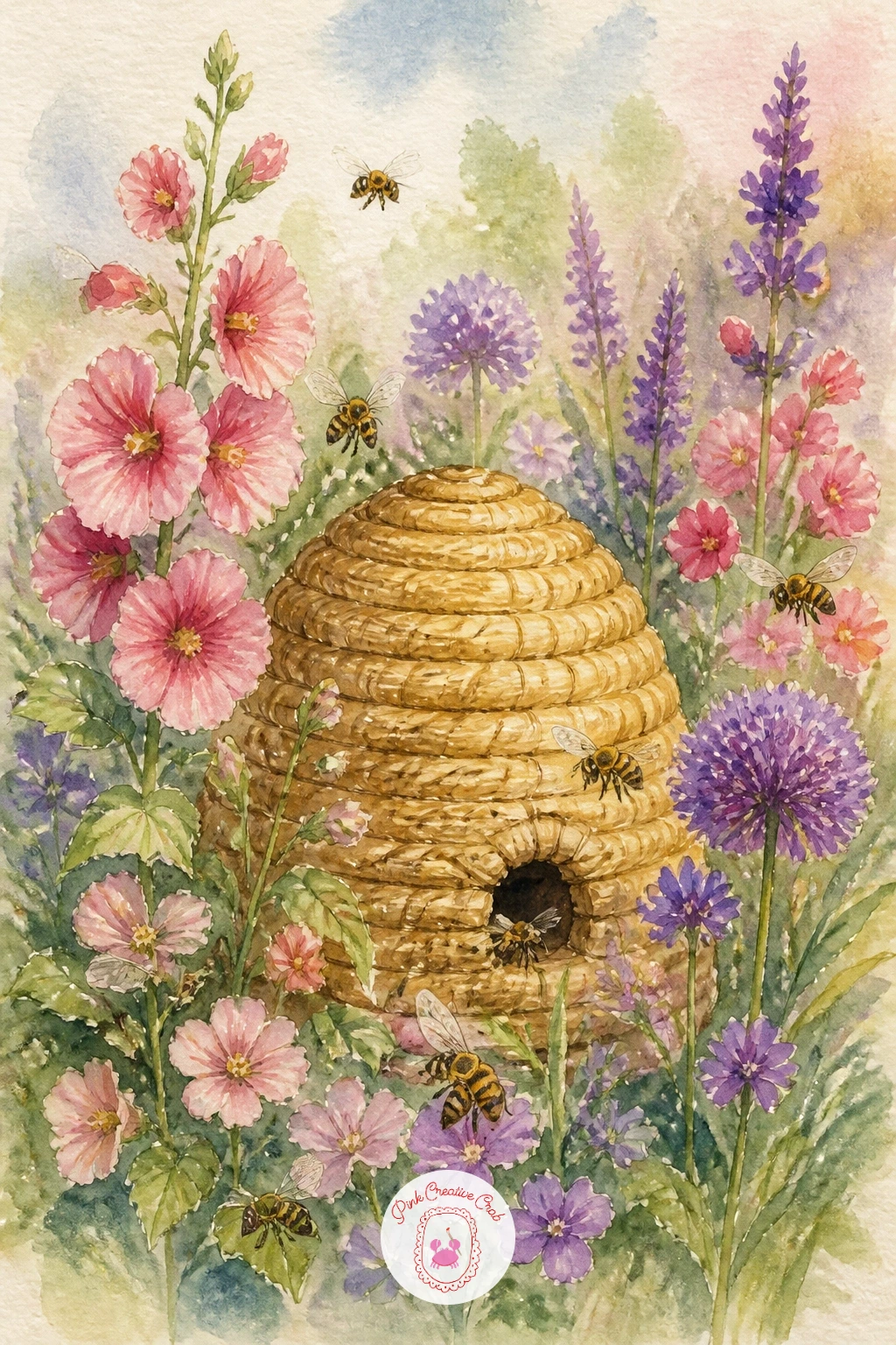Skep Hive in a Cottage Garden — Return outdoors for a skep hive in a cottage garden, the classic woven dome shape tucked among tall flowers. Bee watercolor