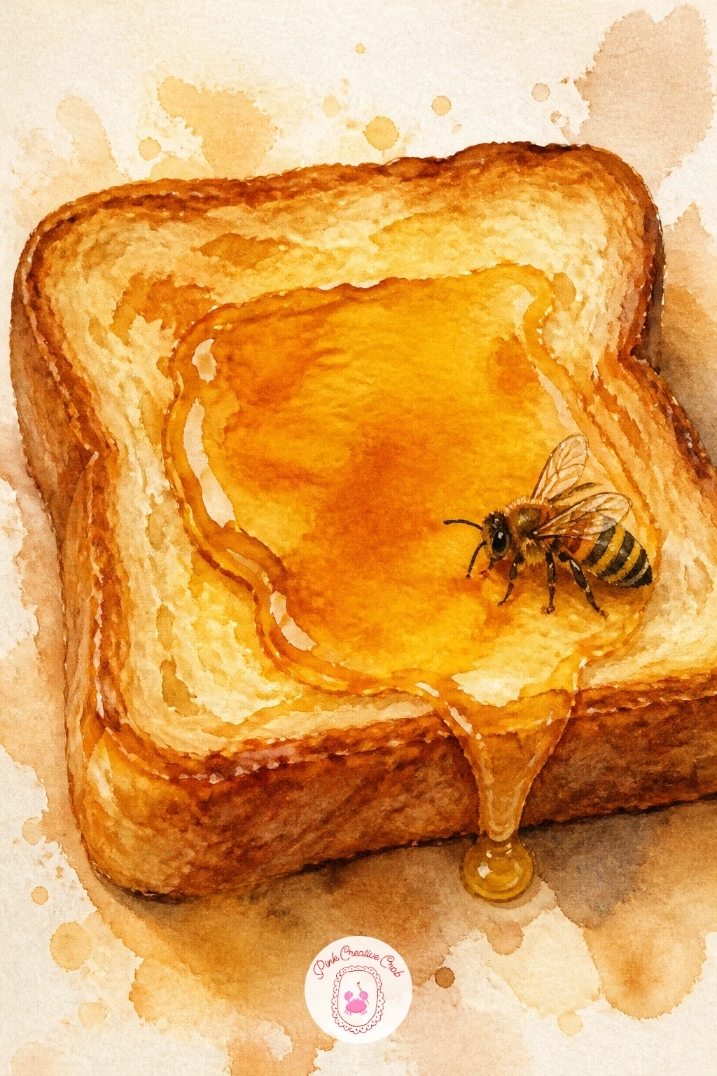 Bee on Honey Toast — Head back to the breakfast table for a bee on a slice of honey toast, a cozy, slightly funny little painting. Bee watercolor