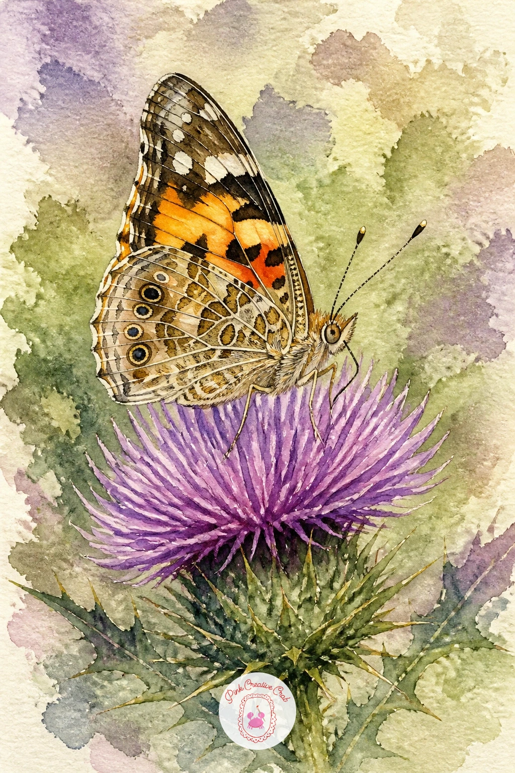 Painted Lady on Thistle — Give the prickly plants a turn with a painted lady on thistle, a nice contrast between a spiky flower and a soft, patterned wing. Bee