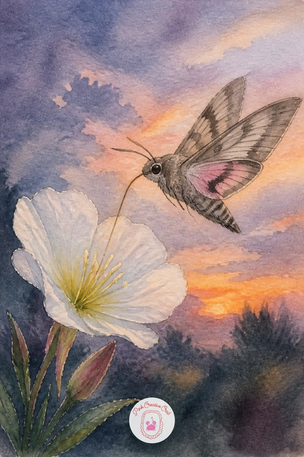 Hawk Moth at an Evening Primrose — Move into dusk with a hawk moth at an evening primrose, pairing a pale, moon-colored flower with a fast, streamlined moth.