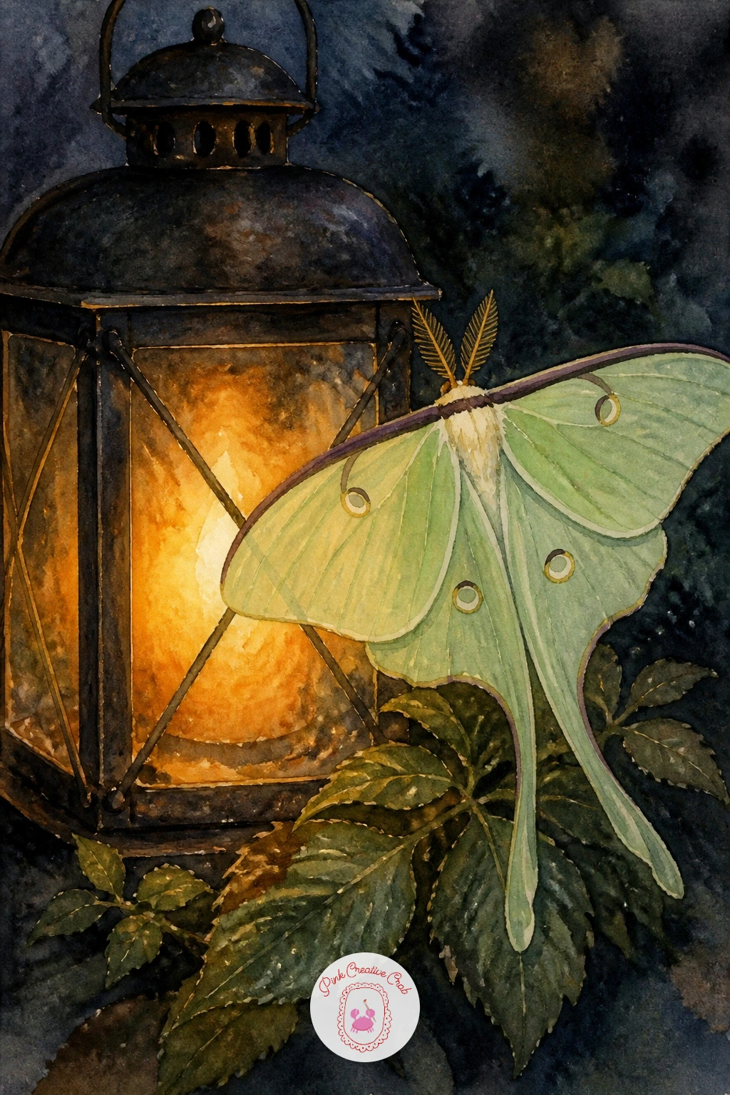 Luna Moth by a Lantern — Keep the night mood going with a luna moth by a lantern, its pale green wings glowing softly against the warm light. Bee watercolor