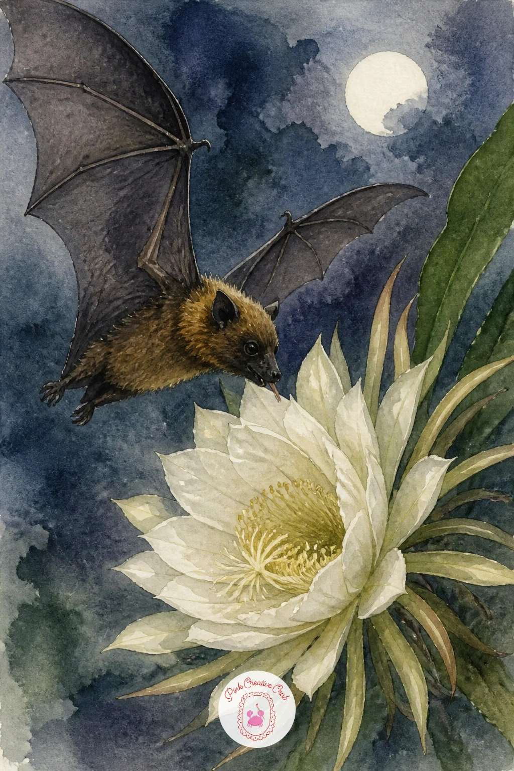 Fruit Bat at a Night Flower — Take the night theme further with a fruit bat at a night flower, an unexpected pollinator for anyone who wants something a little