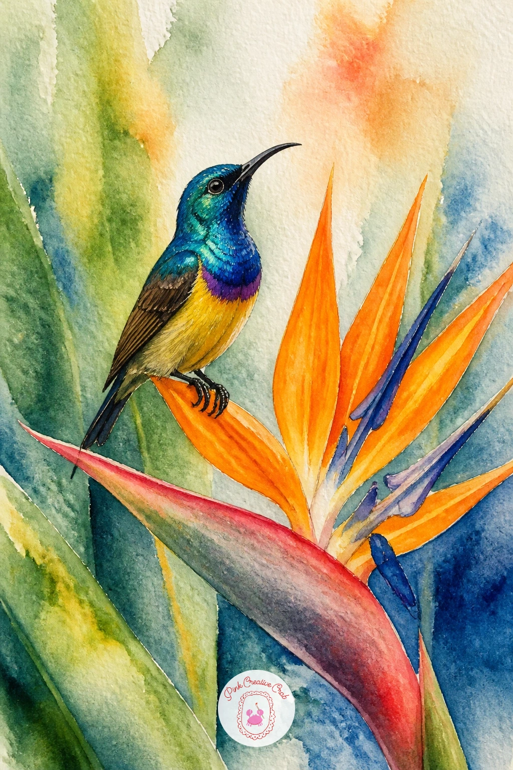 Sunbird on a Bird of Paradise — Bring in a jewel-toned bird with a sunbird on a bird of paradise flower, a bold, exotic pairing full of color. Bee watercolor
