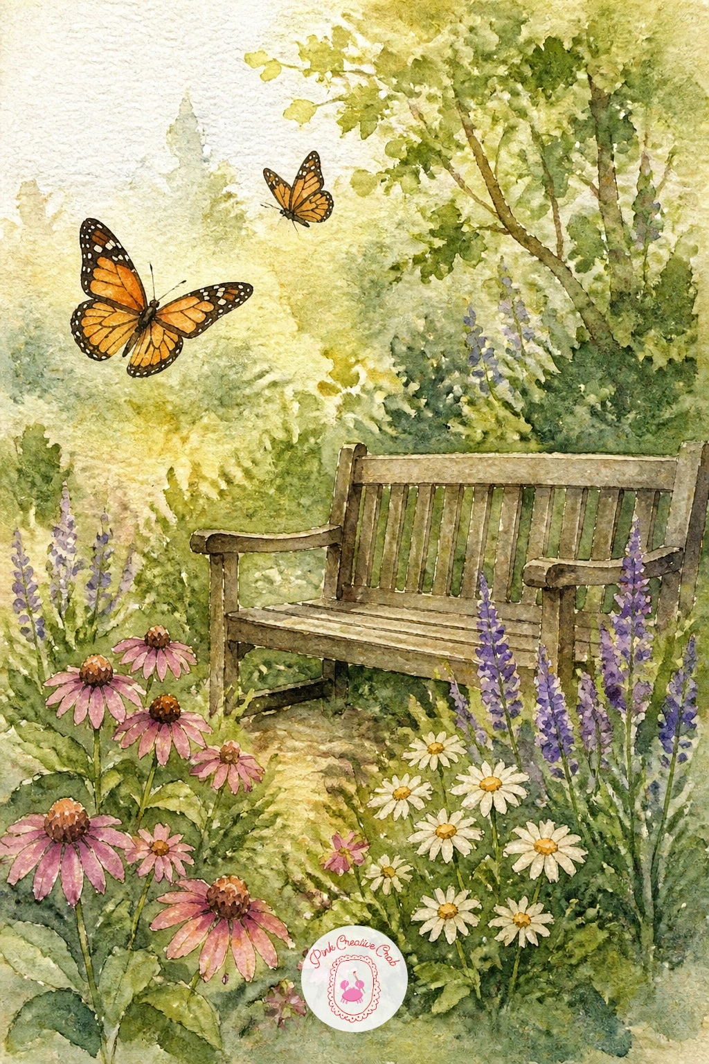 Butterfly Garden With a Bench — Widen the view with a butterfly garden with a bench, a small scene that lets several of your earlier flowers and butterflies
