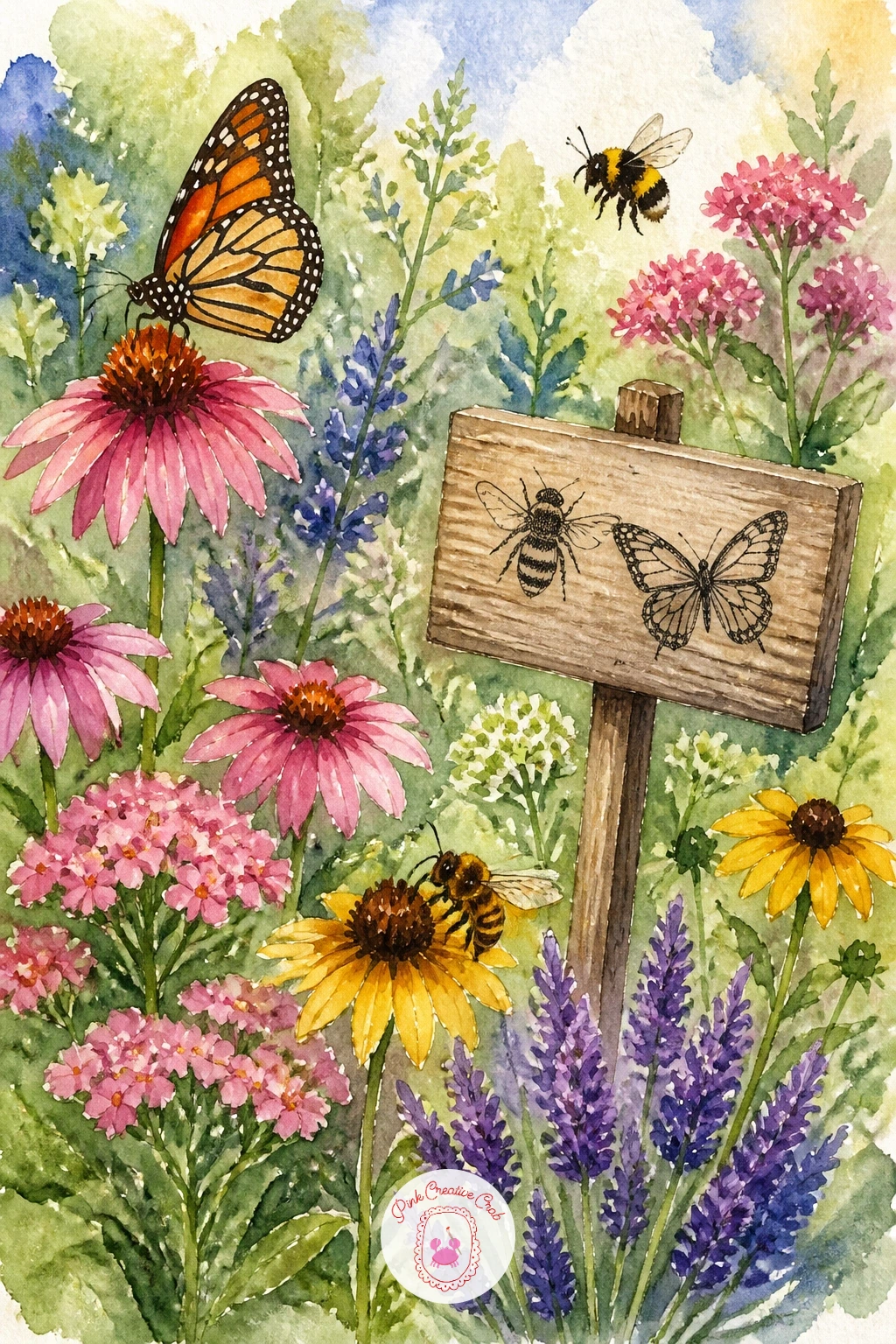 Pollinator Garden With a Sign — Add a message to the scene with a pollinator garden with a sign, the kind of small hand-painted marker real gardeners put up to