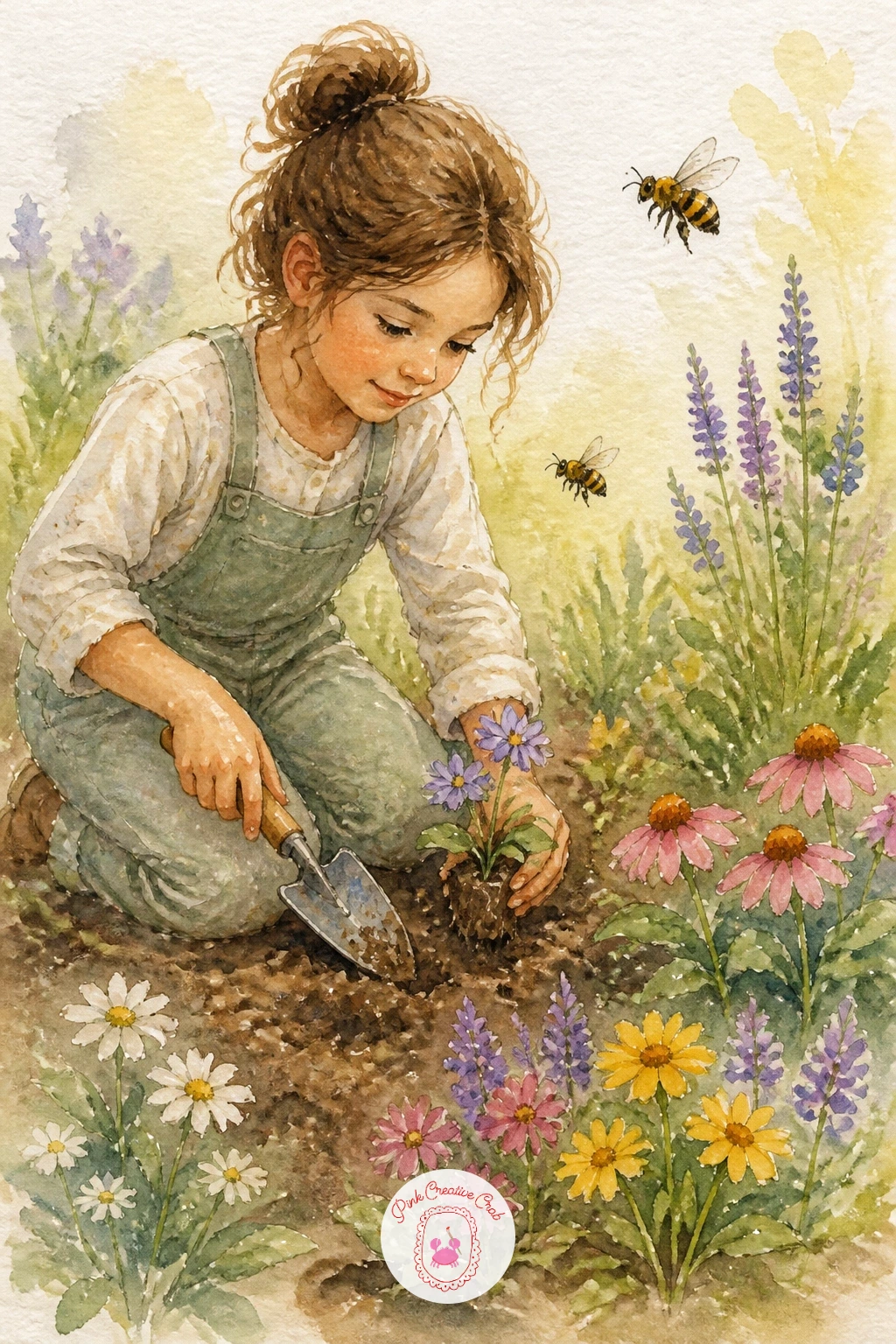 Girl Planting Flowers for Bees — Bring in a gentle human moment with a girl planting flowers for bees, kneeling in the dirt with a small trowel. Bee watercolor