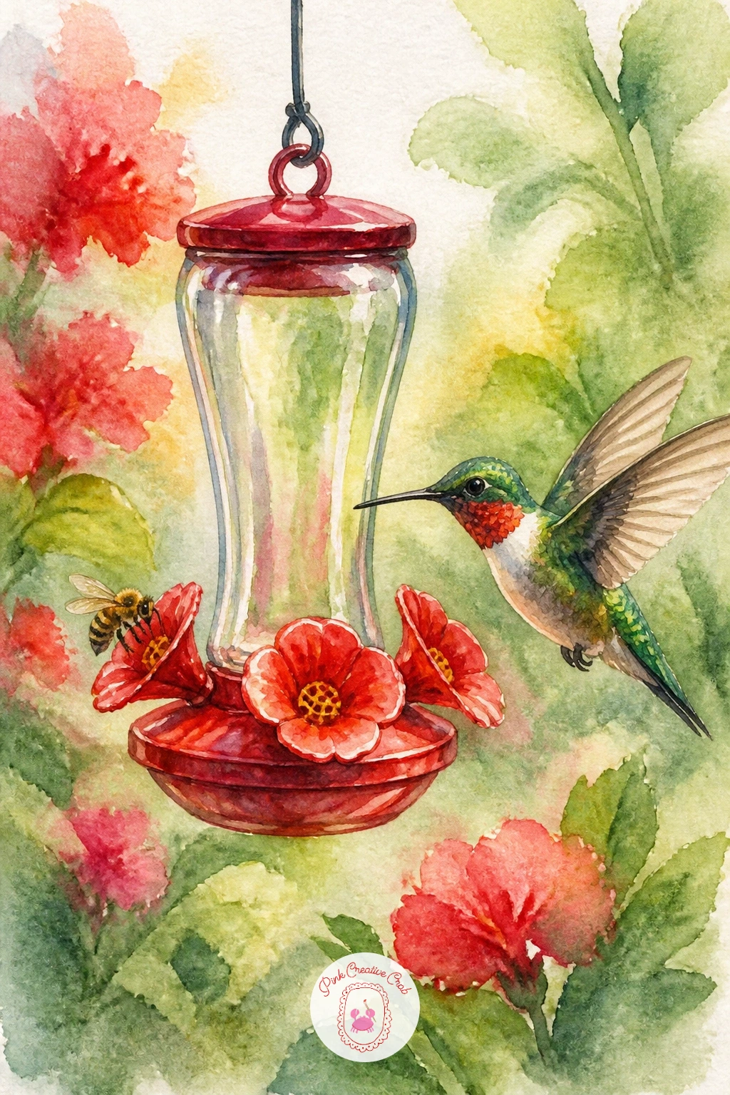 Bee and Hummingbird at the Same Feeder — Pair two very different visitors with a bee and a hummingbird at the same feeder, sharing one bright red perch. Bee