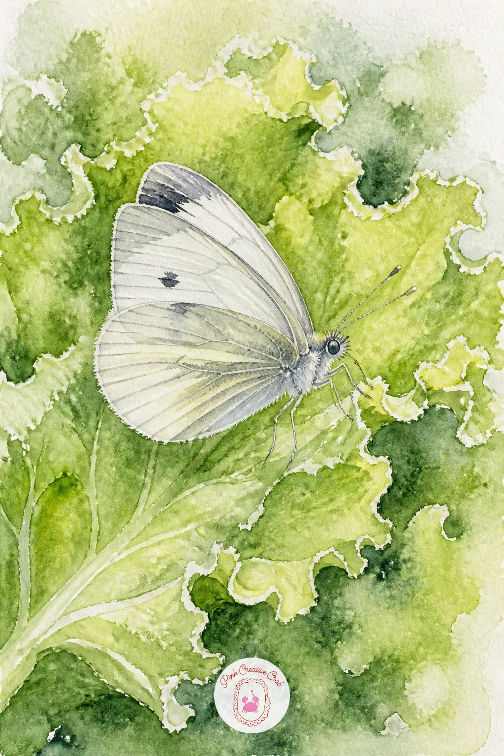 Cabbage White on Lettuce — Head into the vegetable patch with a cabbage white butterfly on lettuce, a quieter, cooler-toned pairing than the earlier flower