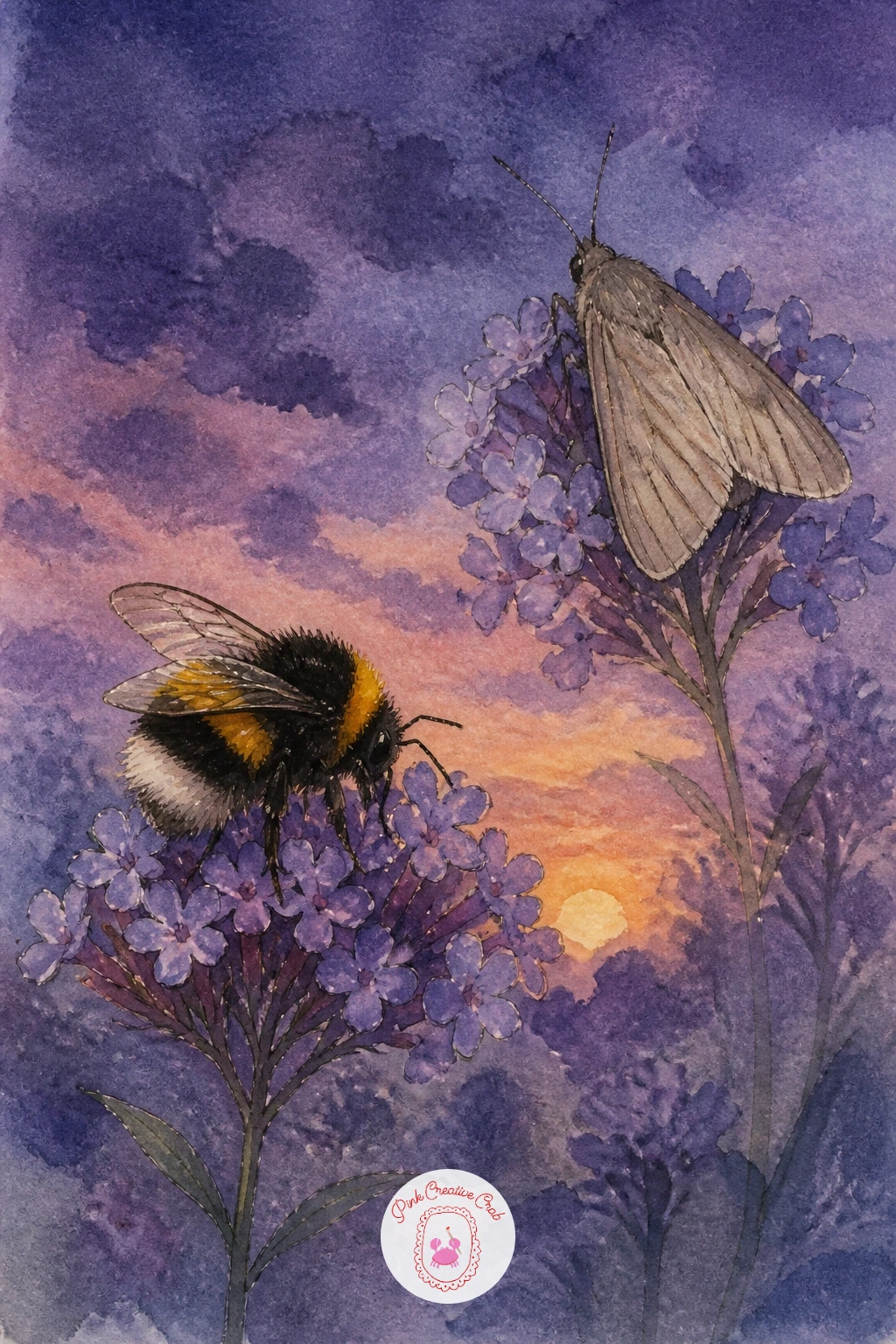 Bumblebee and a Moth at Dusk — Pair the day and night shifts with a bumblebee and a moth at dusk, both working the same patch of flowers as the light fades.