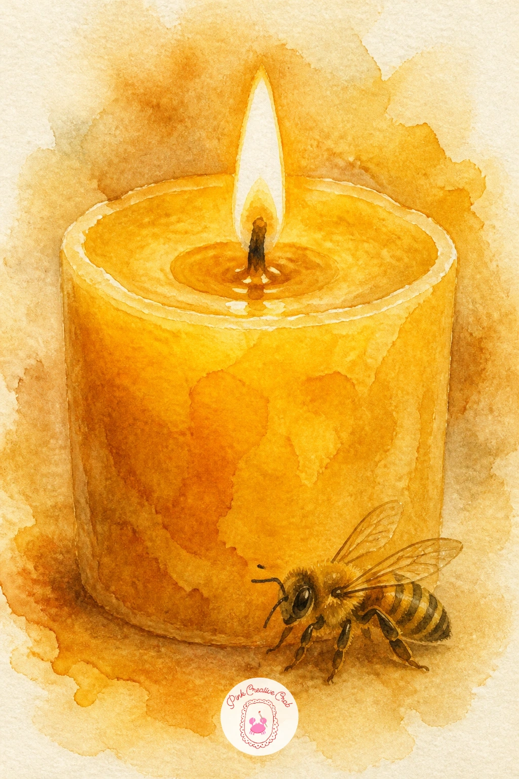 Beeswax Candle With a Bee — Close the list with a beeswax candle with a bee, a warm, quiet still life that ties the whole honey theme together. Bee watercolor