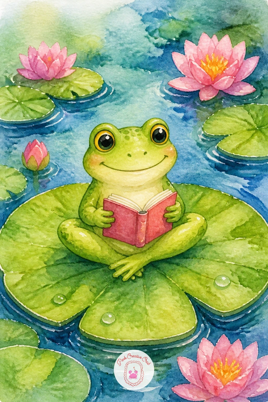 Frog Reading on a Lily Pad — Here the measuring matters: keep the lily pad roughly three times wider than the frog sitting on it, or he ends up looking too big