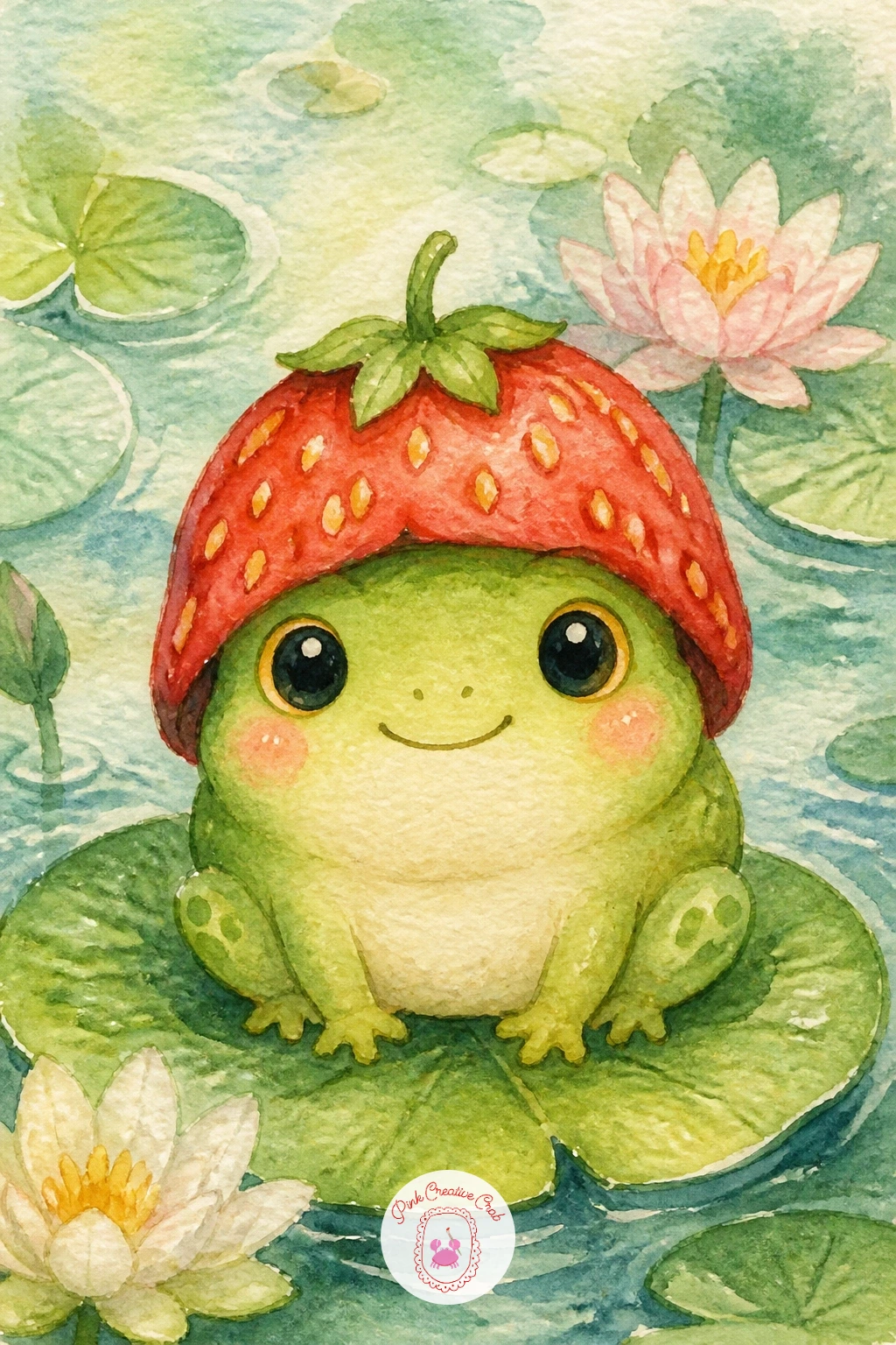 Frog Wearing a Strawberry Hat — After a frog in repose, give yourself something playful: a frog wearing a strawberry as a hat, seeds and all. Frog watercolor