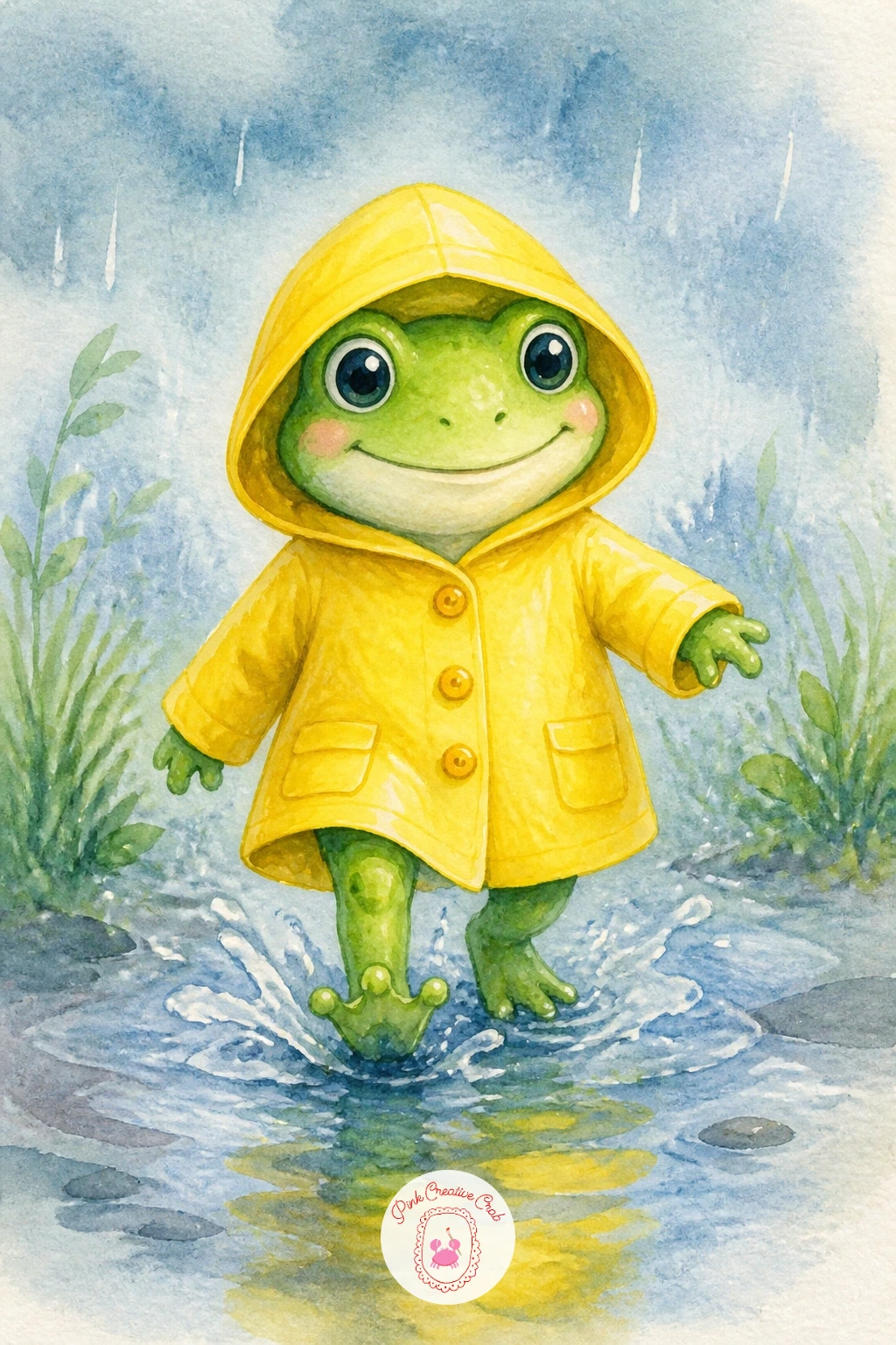 Frog in a Raincoat in a Puddle — Bridge from riding a snail to something altogether cozier: a small frog standing upright in a yellow raincoat, hopping through
