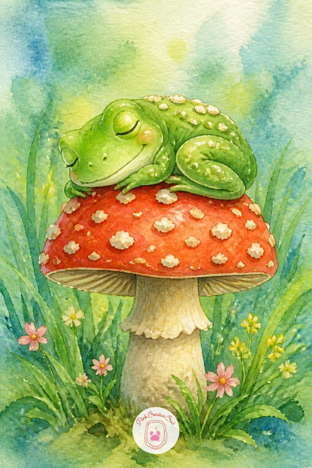 Frog Sleeping on a Mushroom — Settle into something sleepier after all that splashing: a frog curled on top of a red and white spotted mushroom, fast asleep.