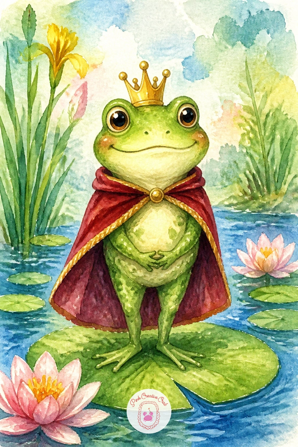Frog Prince With a Little Crown — Follow the flower crown with its storybook cousin: a frog prince wearing a tiny gold crown and a velvet cape. Frog watercolor