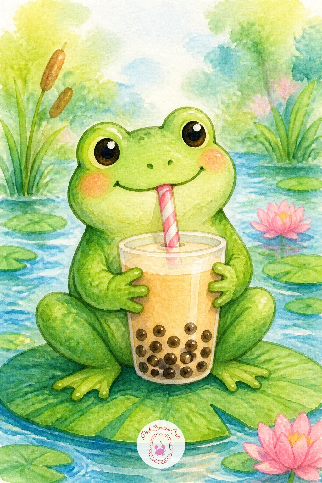 Frog Drinking Boba Tea",'content':" Trade the fairy tale for something modern and fun: a frog happily sipping boba tea through a striped straw. Paint the cup