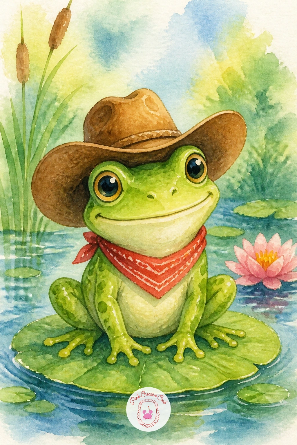 Frog in a Cowboy Hat — Give your pond a little western flair with a frog wearing a wide-brimmed cowboy hat, tipped back on his head. Frog watercolor