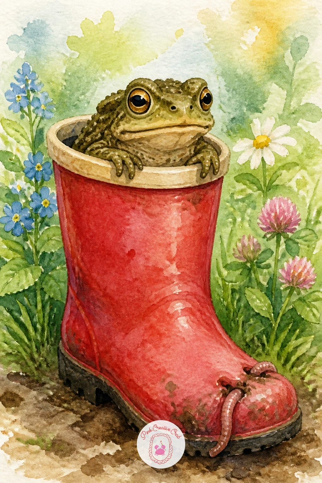 Toad in a Garden Boot",'content':" Step away from the frog parade for a moment with his cousin the toad, tucked snugly inside an old rubber garden boot. Paint