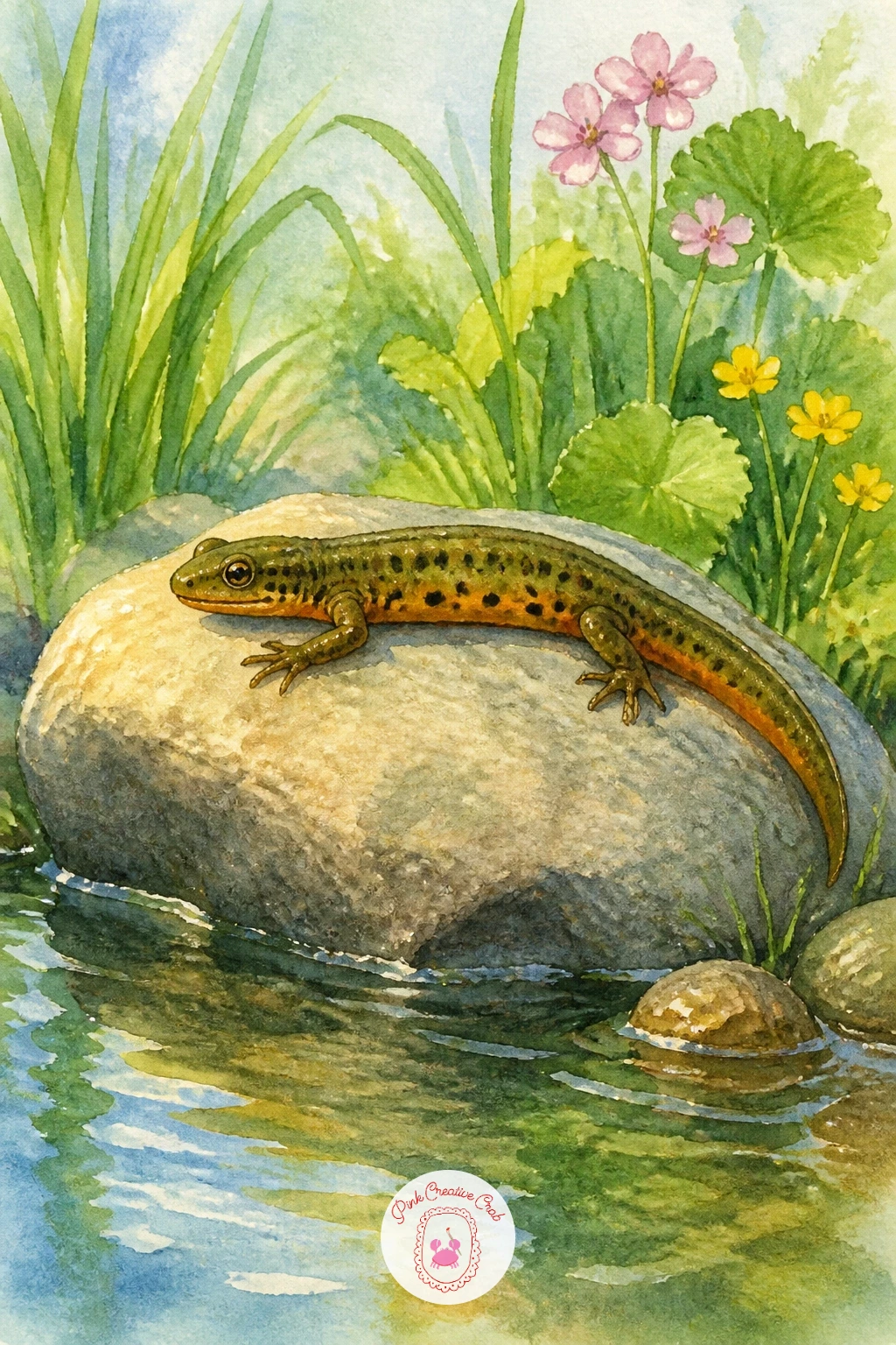 Newt Sunbathing on a Stone",'content':" Move to the water's edge for a newt, long and slender, stretched flat across a sun-warmed stone. Paint the stone first