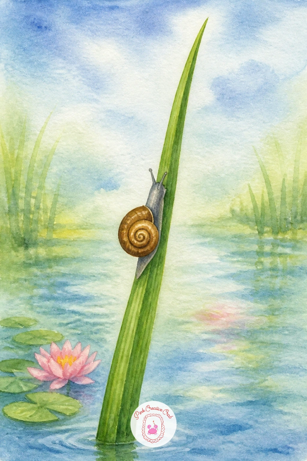 Water Snail Climbing a Reed",'content':" Slow the pace right down with a single water snail inching its way up a tall green reed. Paint the reed first as one