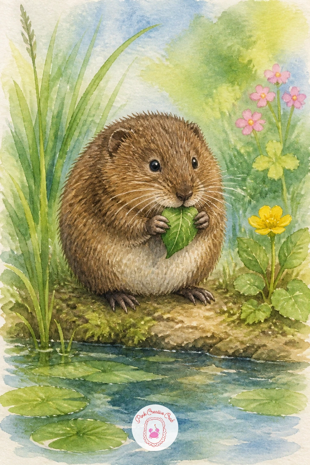 Water Vole Eating a Leaf",'content':" Bring some fur into the pond scene with a round, whiskered water vole sitting on the bank nibbling a leaf. Paint his body