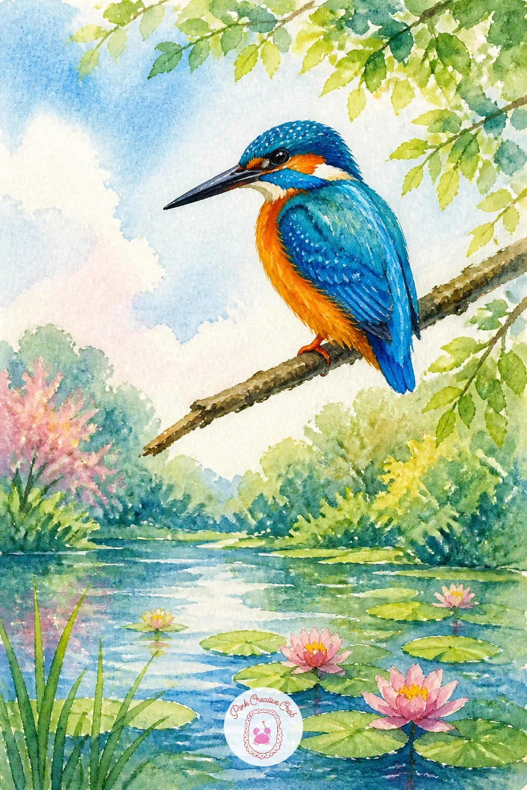 Kingfisher on a Branch Over the Pond",'content':" Lift your eye up out of the water for a kingfisher perched on a branch above the pond, his colors doing most