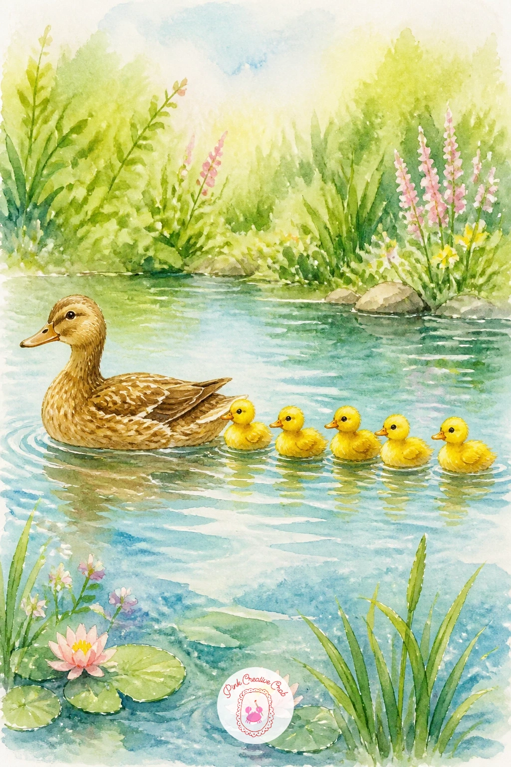 Mother Duck With Ducklings in a Row",'content':" From one duckling earlier, scale up to a full family: a mother duck leading a neat row of ducklings across the