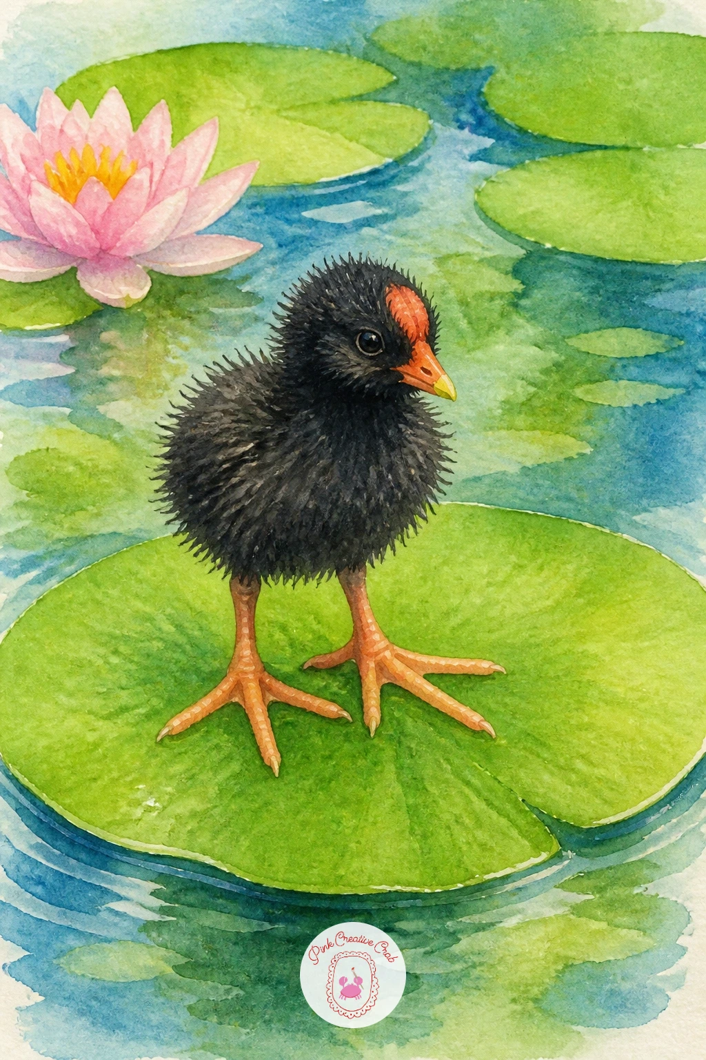 Moorhen Chick on a Lily Pad",'content':" Return to the lily pads for a moorhen chick, fluffy and dark, standing alone on a pad much like the reading frog