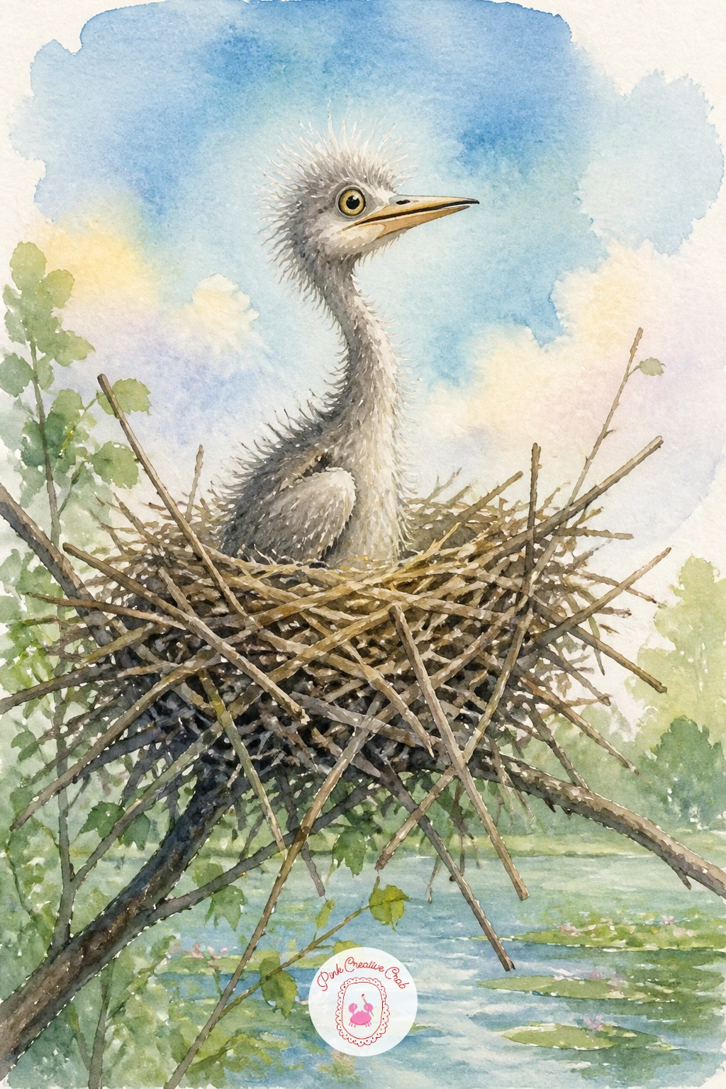 Heron Chick in a Nest",'content':" Climb higher still for a gawky heron chick, all neck and fuzz, sitting in a messy stick nest above the pond. Paint the nest